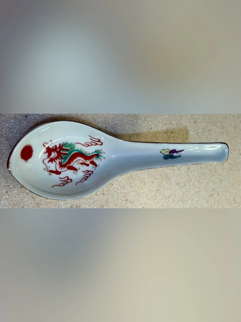 Porcelain Soup Spoon - White with Red Dragon Sun Clouds Gold Gild Asian Chinese